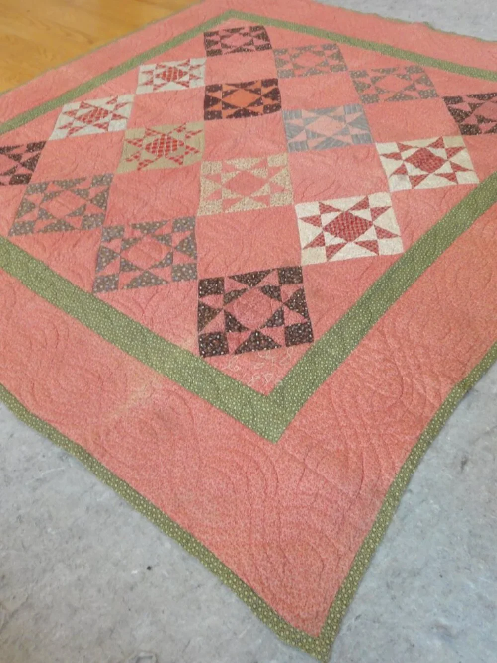 Antique Signed 1896 Red, Green, Brown, Star Patterned Quilt EXCELLENT CONDITION!